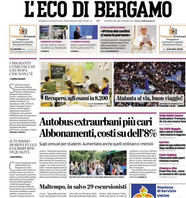 PRIMA PAGINA - L'Eco di Bergamo: "Atalanta al via, buon viaggio!"