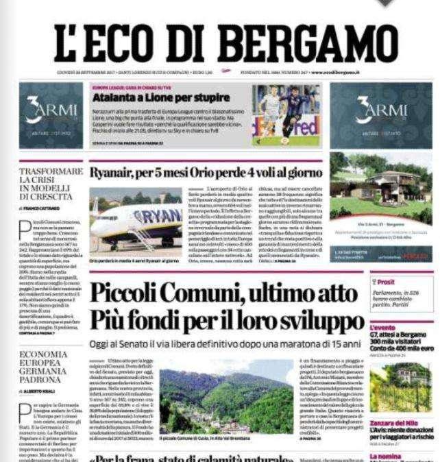 L'Eco di Bergamo: “Atalanta a Lione per stupire”