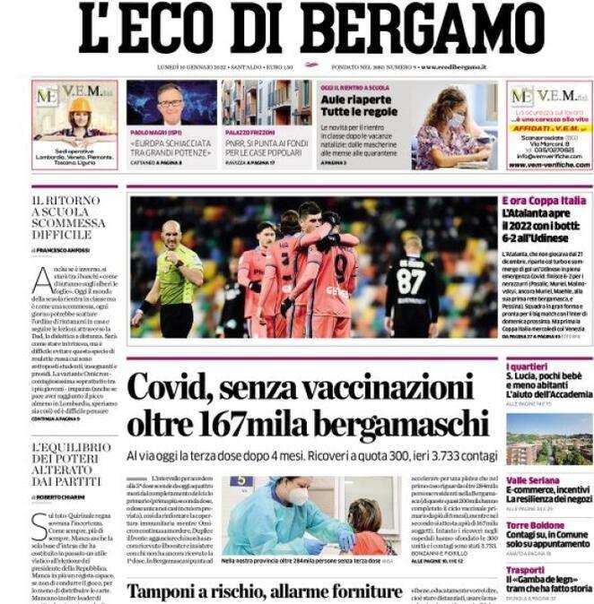 L’Eco di Bergamo oggi in apertura: “L’Atalanta apre il 2022 con i botti: 6-2 all’Udinese”