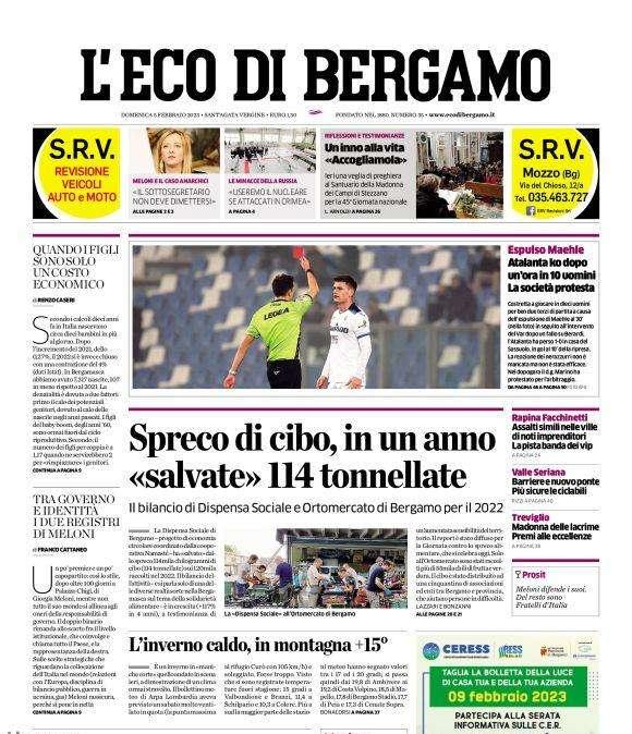 L'Eco di Bergamo in apertura: "Atalanta ko dopo un’ora in 10 uomini La società protesta"