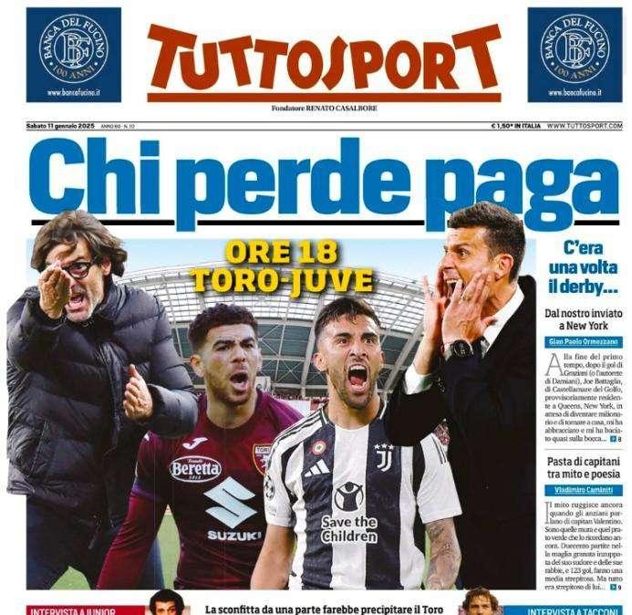 Oggi c'è Torino-Juventus, l'apertura di Tuttosport: "Chi perde paga"