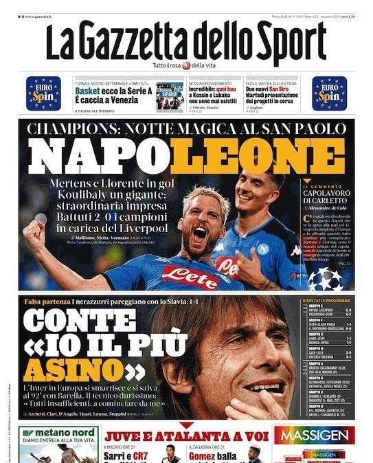 L'apertura de La Gazzetta dello Sport: "Juve e Atalanta voi" 