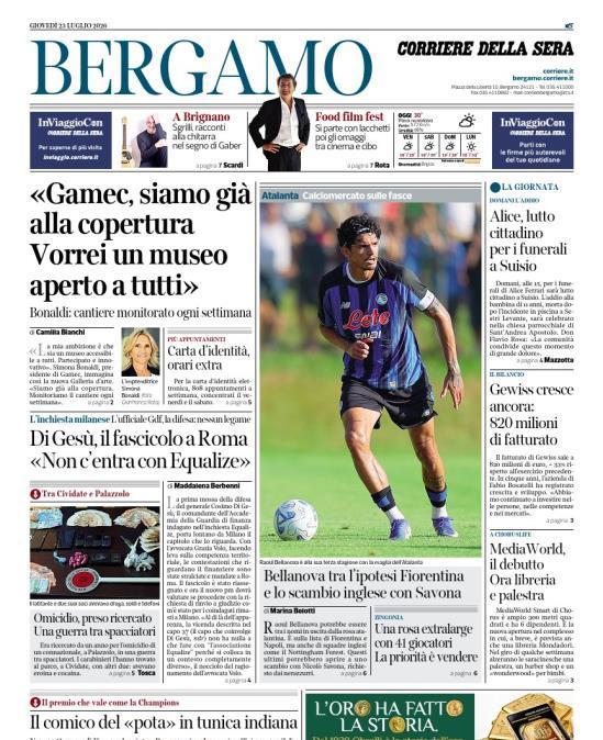 PRIMA PAGINA - Corriere di Bergamo: "Bellanova tra l’ipotesi Fiorentina e lo scambio inglese con Savona"