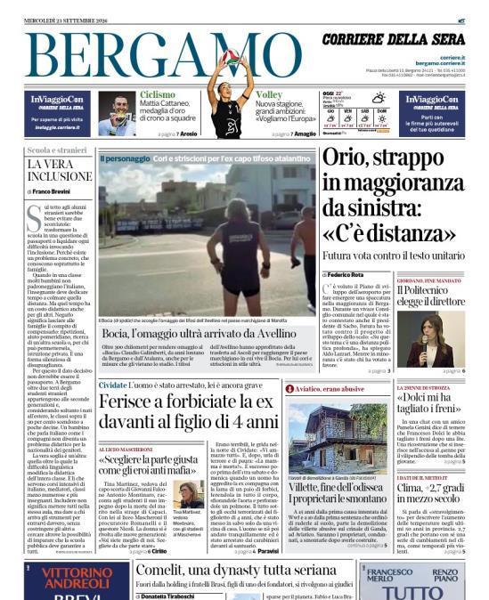 PRIMA PAGINA - Corriere di Bergamo: "Bocia, l'omaggio ultrà arrivato da Avellino"
