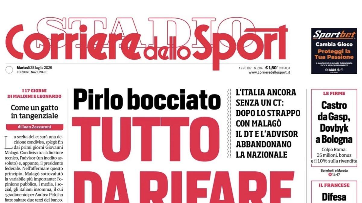 PRIMA PAGINA – Corriere dello Sport – Stadio: "Pirlo bocciato. Tutto da rifare"