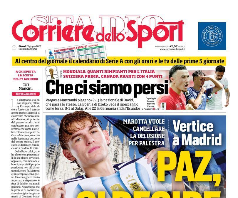 PRIMA PAGINA - Corriere dello Sport: "Paz, si decide"