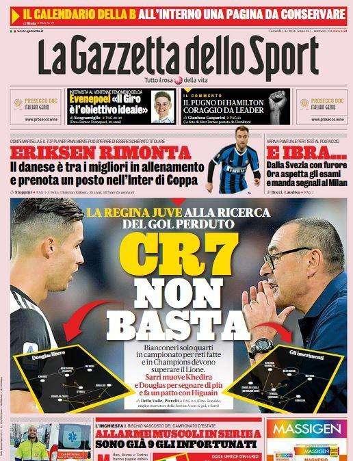 L'apertura de La Gazzetta dello Sport: "Allarme muscoli in Serie A"