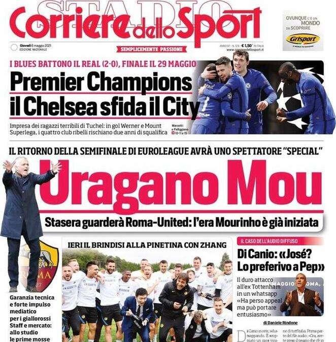 L'apertura del Corriere dello Sport: "Uragano Mou". Seguirà la Roma in tv