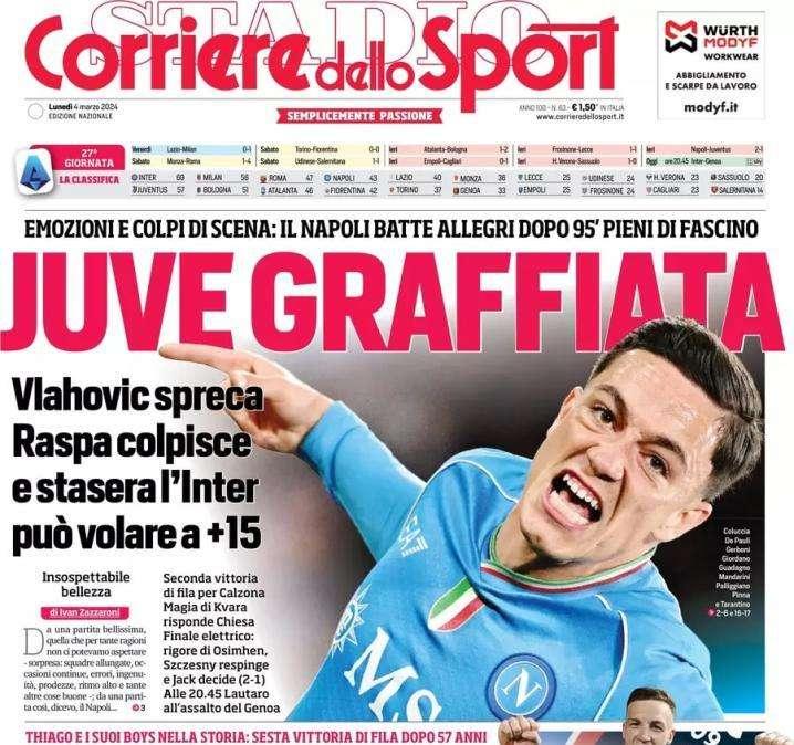 L'apertura del Corriere dello Sport dopo il ko dei bianconeri: "Juve graffiata"