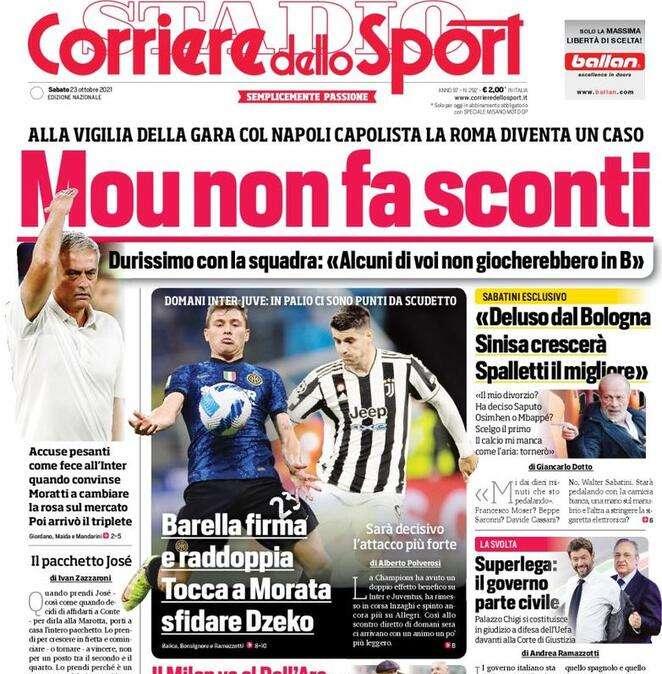 L'apertura del Corriere dello Sport sulla Roma: "Mou non fa sconti"