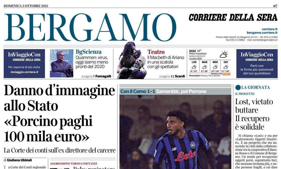 PRIMA PAGINA - Corriere di Bergamo: "Atalanta, un tempo e un punto"