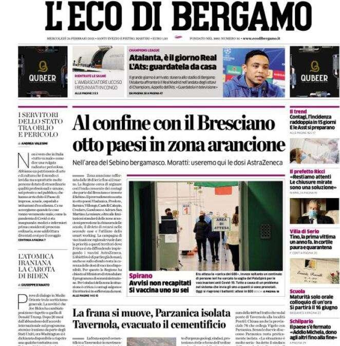 L'Eco di Bergamo sulla Dea: "Atalanta, è il giorno Real. L’Ats: guardatela da casa" 