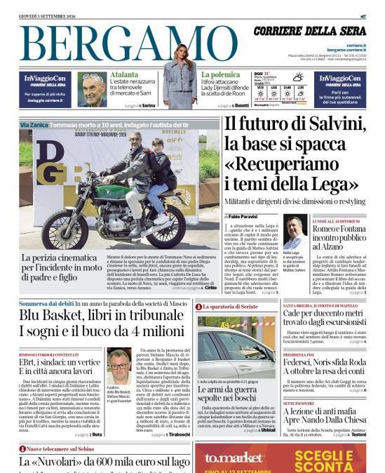 PRIMA PAGINA - Corriere di Bergamo: "L'estate nerazzurra tra telenovele di mercato e Sarri"