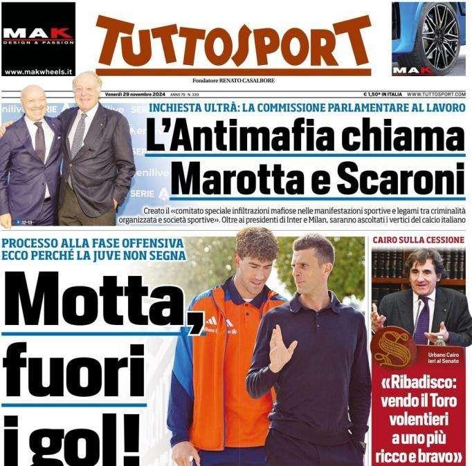 Tuttosport in apertura: "Motta, fuori i gol!". Ecco perché la Juve non segna
