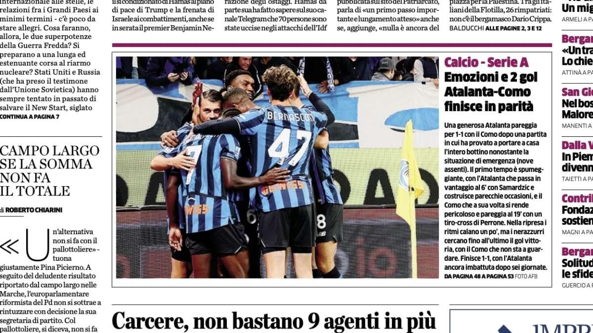 PRIMA PAGINA - L’Eco di Bergamo: "Atalanta–Como finisce in parità"