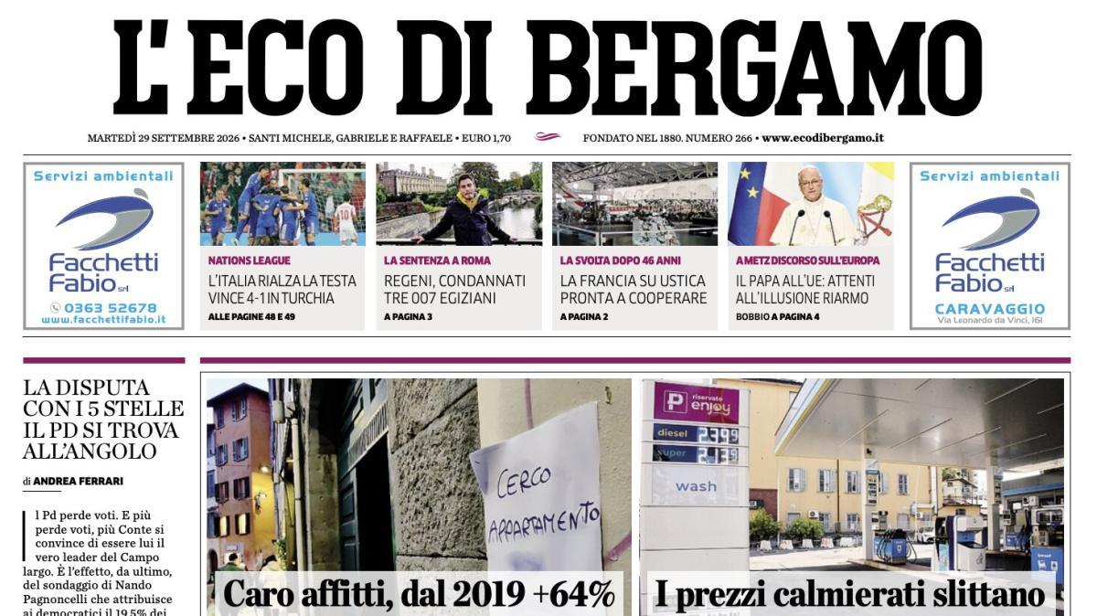 PRIMA PAGINA – L'Eco di Bergamo: "I presidi: «Servono deroghe per il limite agli stranieri»"