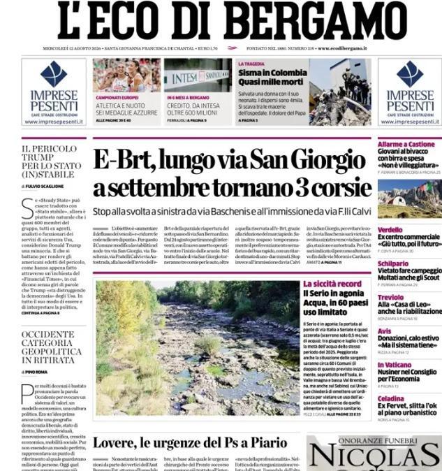 PRIMA PAGINA - L'Eco di Bergamo: "Atalanta, in arrivo il danese Kristensen. Stop per Kamaldeen"