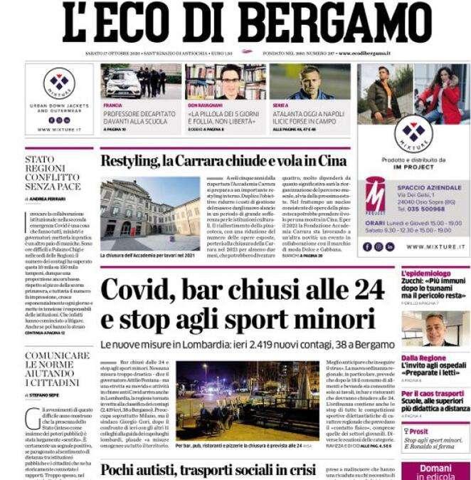 L'Eco di Bergamo: "Covid, bar chiusi alle 24 e stop agli sport minori"