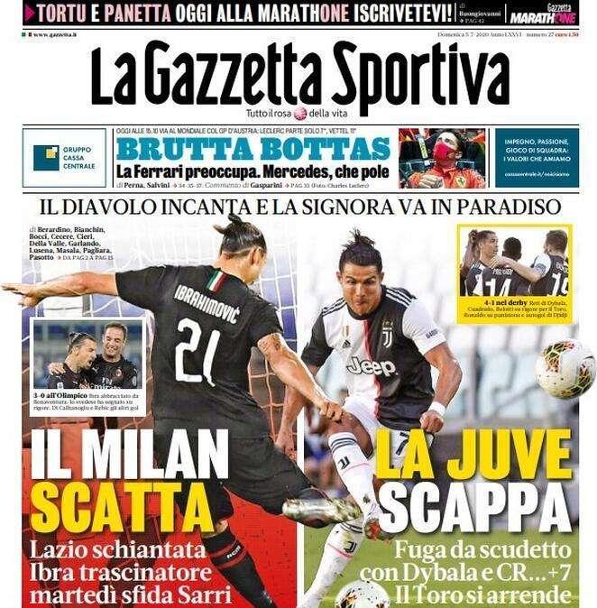 L'apertura de La Gazzetta dello Sport: "Il Milan scatta, la Juve scappa"