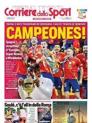 Il Corriere dello Sport apre con la vittoria della Spagna a Euro 2024: "Campeones!"
