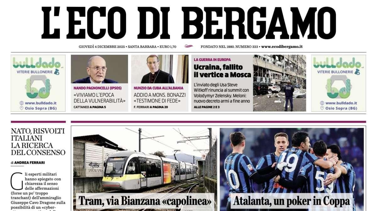 PRIMA PAGINA - L'Eco di Bergamo: "Atalanta, poker in Coppa"