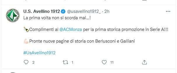 L'Avellino si complimenta col Monza: "Pronte nuove pagine di storia con Berlusconi e Galliani"