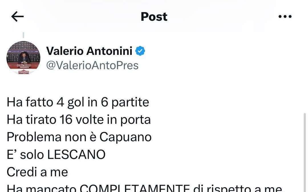 Trapani, Antonini al veleno su Lescano: "Ha mancato di rispetto a tutti, felice che se ne vada"