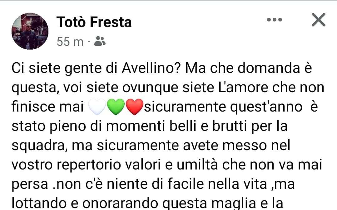 Totò Fresta carica sui social: "Forza gente d'Irpinia, forza ragazzi portateci in finale"