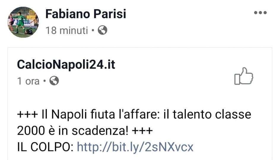 Il Napoli piomba su Parisi, lui condivide il post su Facebook e i tifosi non gradiscono