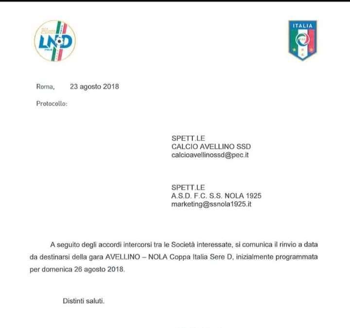 UFFICIALE - Rinviata a data da destinarsi Avellino-Nola
