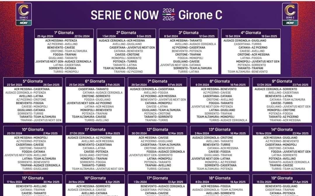 I calendari completi 2024/25: sei gare nel mese di settembre, con la Juve il 20 ottobre