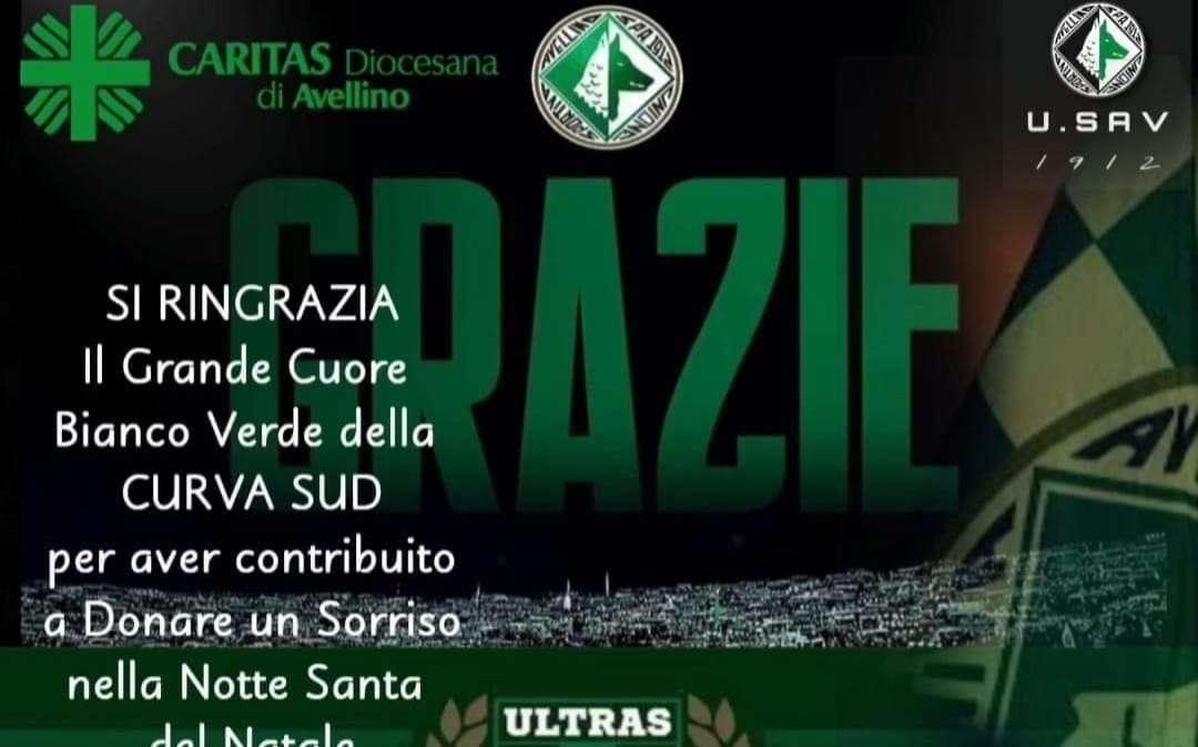 Iniziativa benefica della Curva Sud: la Caritas Avellino ringrazia