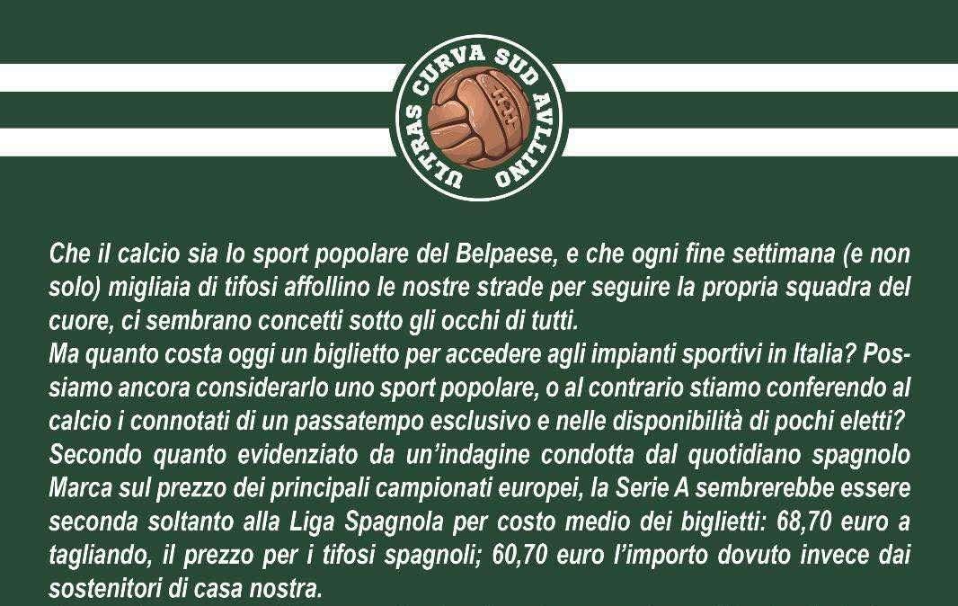 Il comunicato della Curva Sud: "Il calcio è della gente. Ma i fatti dicono altro. All'US Avellino chiediamo..."