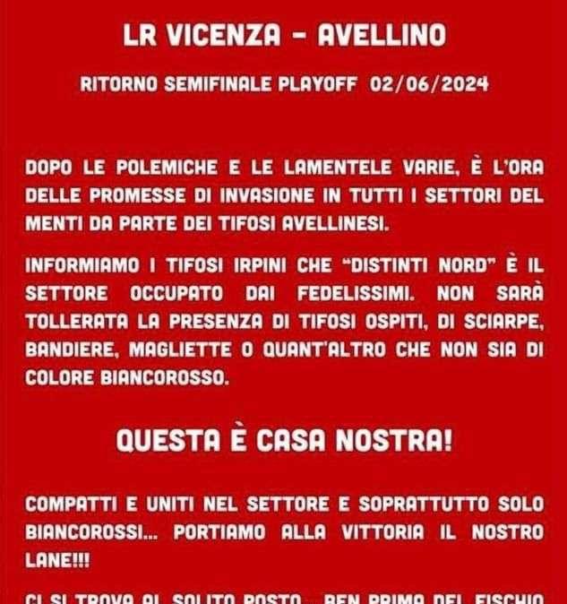 Il comunicato dei Fedelissimi Lanerossi Vicenza: "Questa è casa nostra. Non sarà tollerata la presenza di tifosi ospiti in altri settori del Menti"