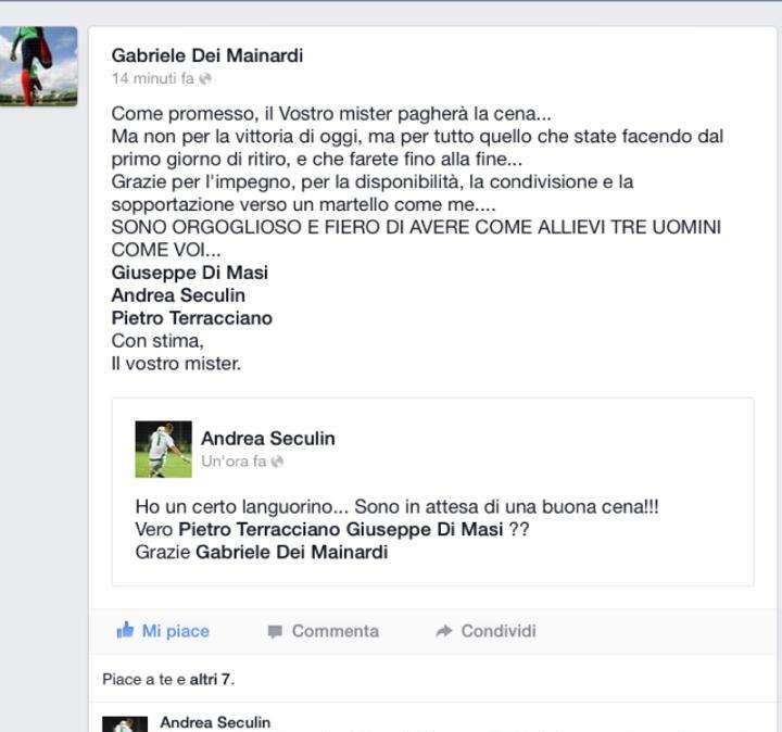 Il preparatore dei portieri Dei mantiene la promessa ed offre la cena ai suoi "allievi" Seculin, Terracciano e Di Masi