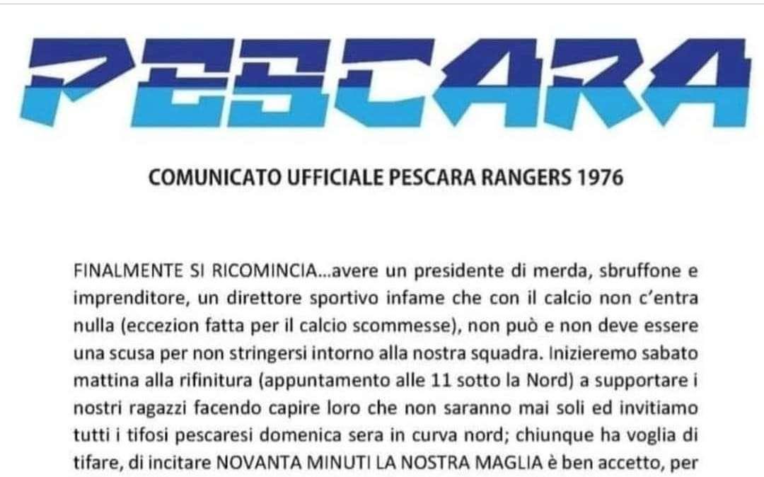 Il duro comunicato dei Rangers Pescara: "Sostegno solo alla squadra e ai nostri colori". Bordata al presidente e al direttore sportivo