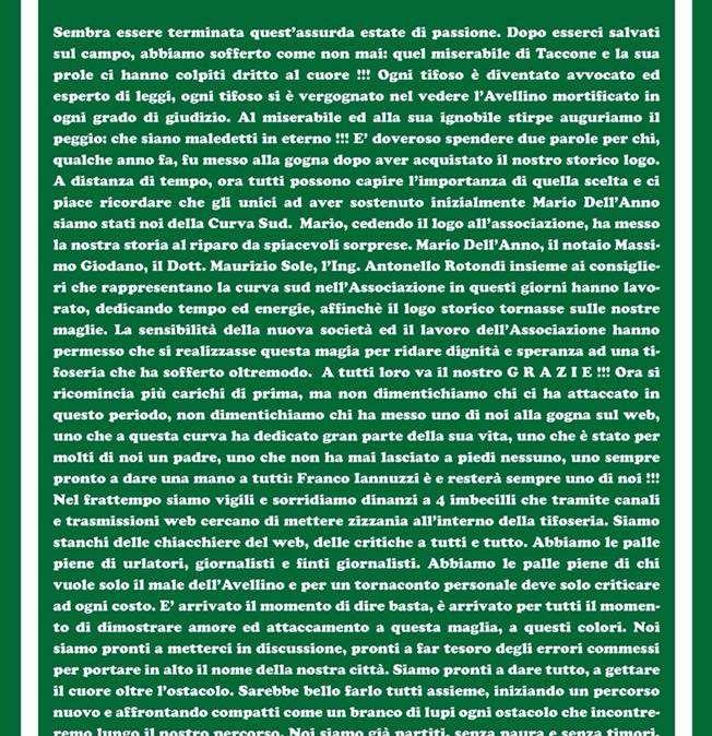 La Curva Sud: "E' il momento di compattarci come un branco di lupi, in nome dell'amore per questi colori"