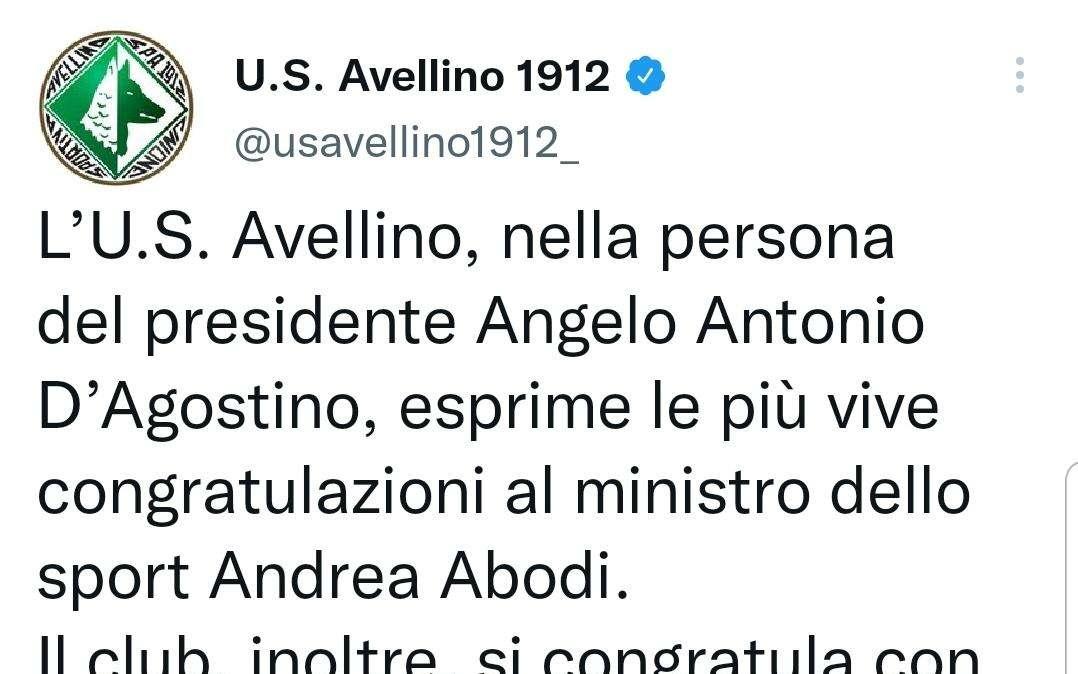Nuovi ministri: l'Avellino si congratula con Abodi e Piantedosi