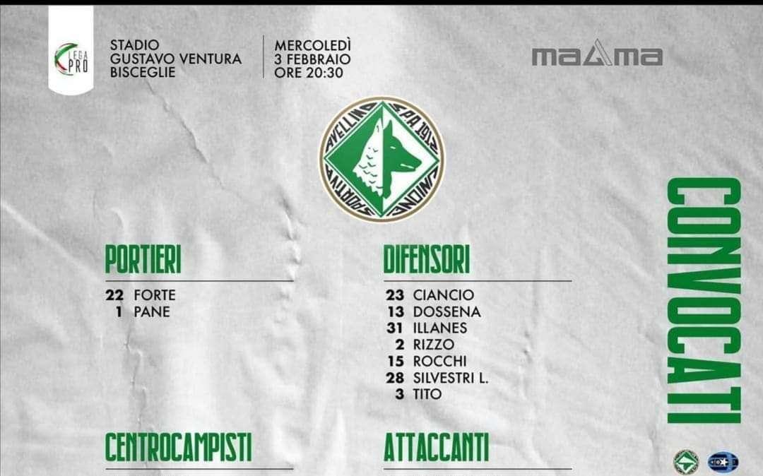 Avellino, ecco i convocati per il Bisceglie: non c'è Errico