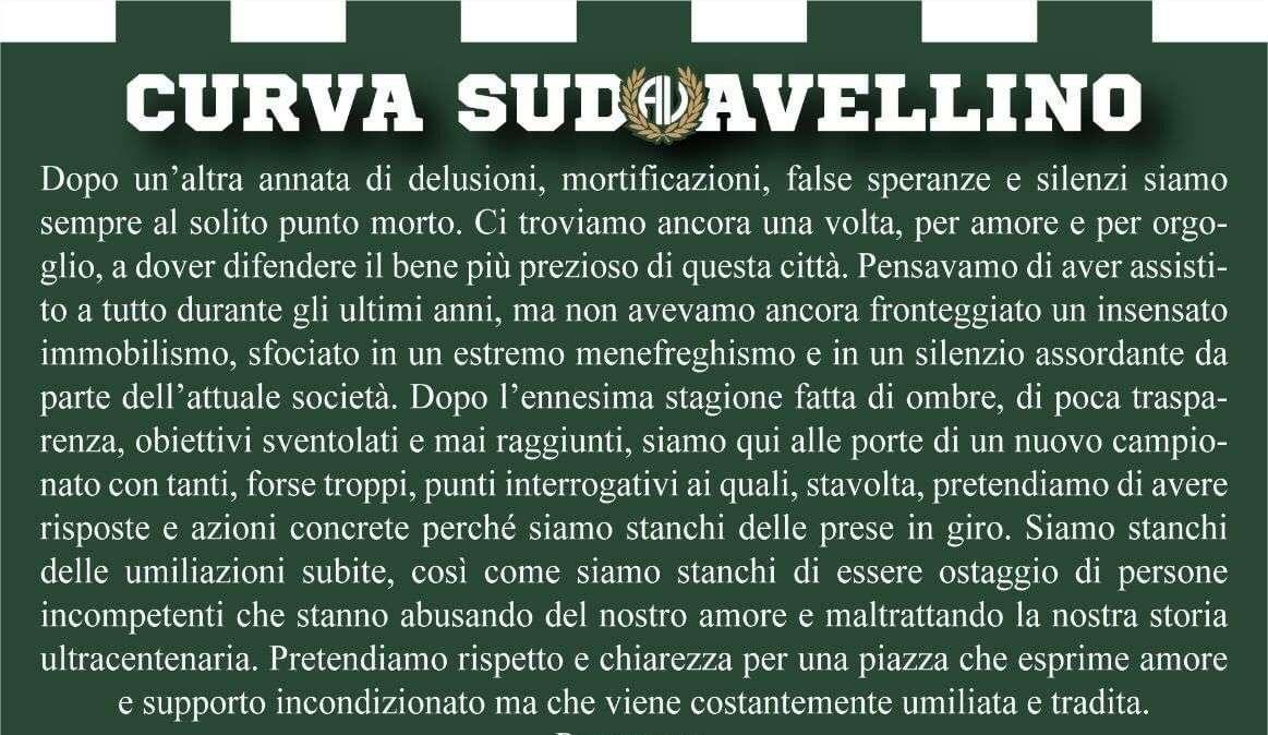 La nota della Curva Sud: "Vogliamo chiarezza e trasparenza. In assenza di questo, diserteremo le gare interne dell'Avellino"
