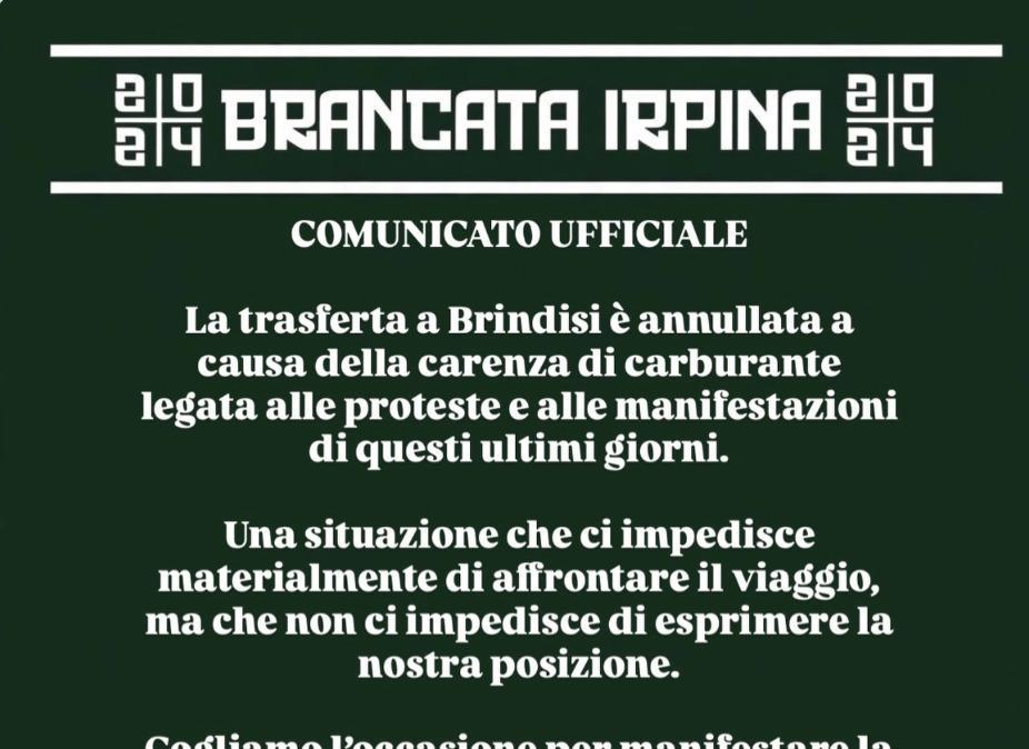 La Brancata Irpina comunica: "Trasferta di Brindisi annullata a causa delle manifestazioni"