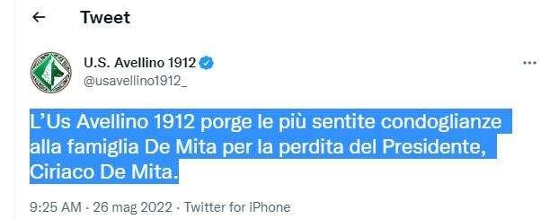 Morte De Mita, l'U.S. Avellino partecipa al dolore con un post sui social