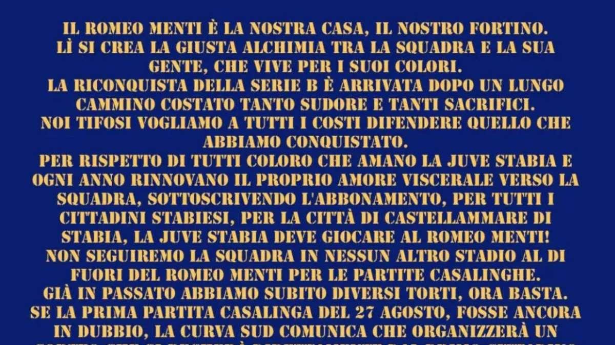 Grana stadio, i tifosi della Juve Stabia: "La squadra deve giocare al Menti!"