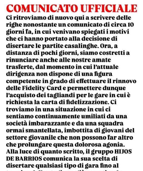 La tifoseria organizzata della Turris comunica: "Diserteremo tutte le gare a partire dalla prossima ad Avellino"
