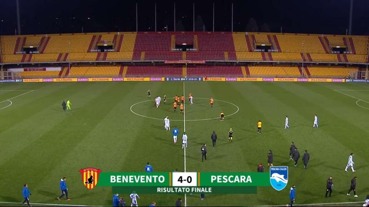 IL BENEVENTO PASSEGGIA SUL PESCARA, AL VIGORITO FINISCE 4-0: GIALLOROSSI A +22 SULLA TERZA