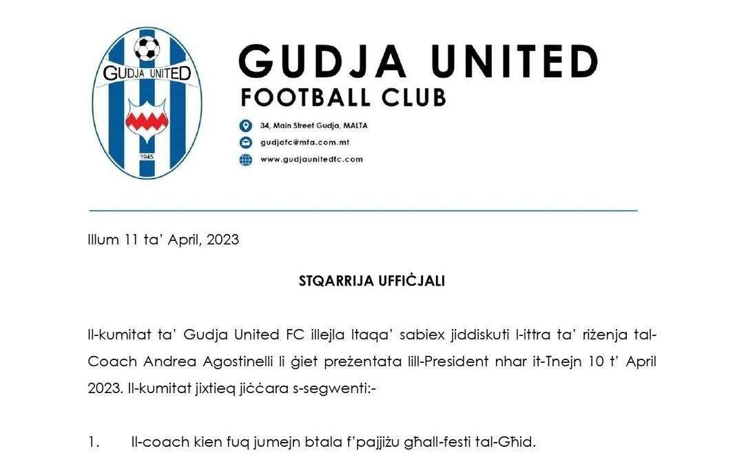 Polemico comunicato del Gudja sulle dimissioni di Agostinelli 
