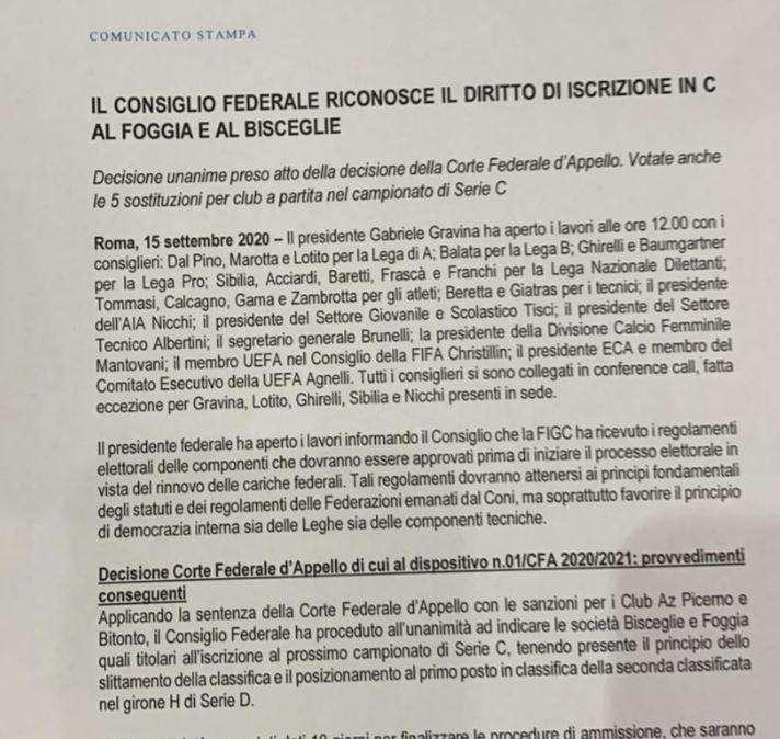 UFFICIALE - Bisceglie e Foggia in C al posto di Picerno e Bitonto