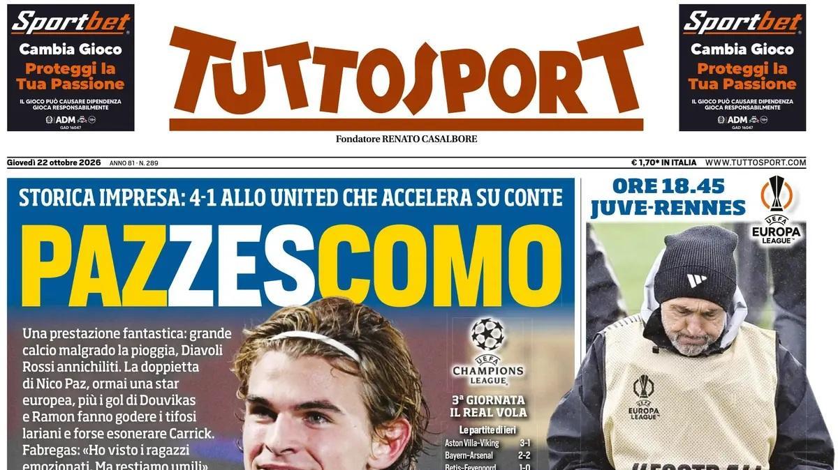 Storica impresa di Fabregas, apertura Tuttosport: "PazzesComo"