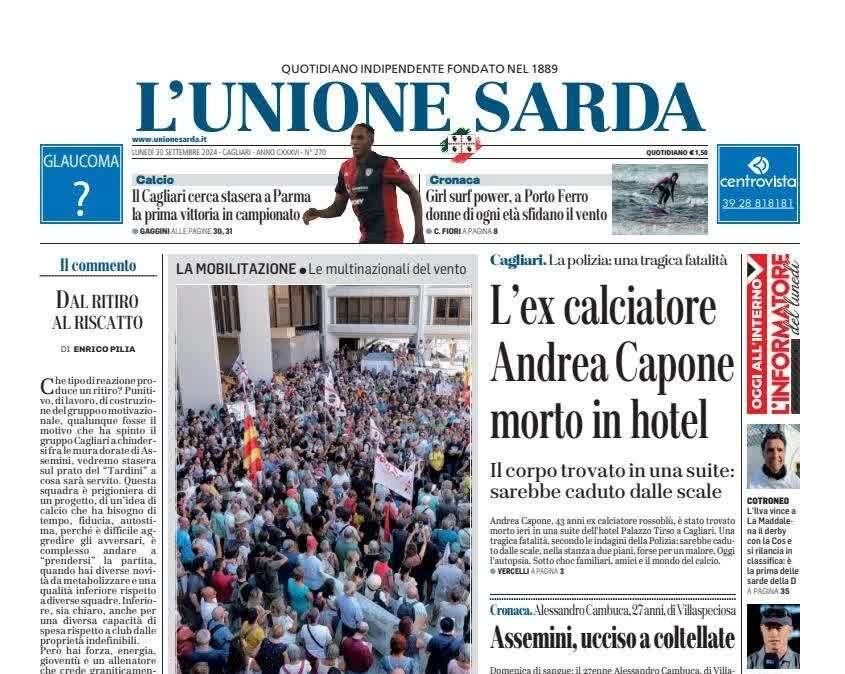 L'Unione Sarda - L'ex rossoblù Capone trovato morto in una suite d'albergo. La polizia: tragica fatalità. Oggi l'autopsia per chiarire ogni dubbio
