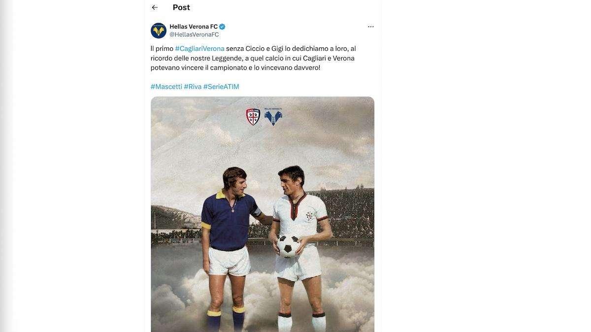 Cagliari-Hellas nel ricordo di Riva e Mascetti. Il club scaligero celebra le due bandiere